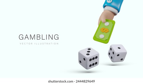 Gambling concept in 3D style. Hand holding money, gambling dice floating in air