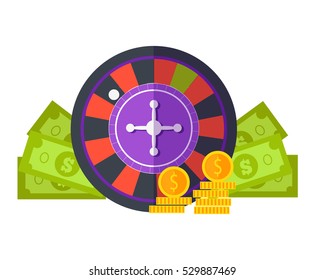 Gambling concept vector in flat style. Roulette, dollar bills, golden coins. Illustration for gambling industry, sport lottery services, icons, web pages, logo design. Isolated on white background.   
