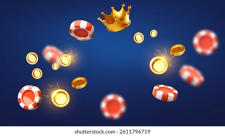 Gambling design. Playing chips, crown and coins. Casino advertising template. Mobile game