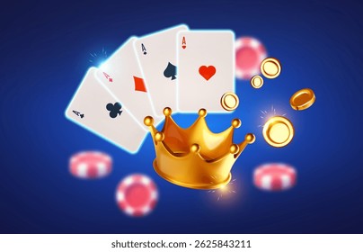 Gambling design. Playing chips, crown, golden coins and poker cards. Casino advertising template. Mobile game