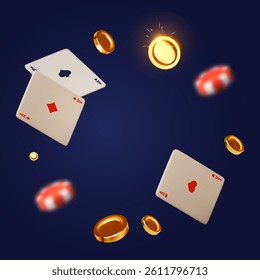 Gambling design. Playing chips, dice and poker cards. Casino advertising template. Mobile game
