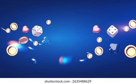 Gambling design. Playing chips, golden coins, card suits and light effect. Casino advertising template. Mobile game.