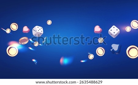Gambling design. Playing chips, golden coins, card suits and light effect. Casino advertising template. Mobile game.