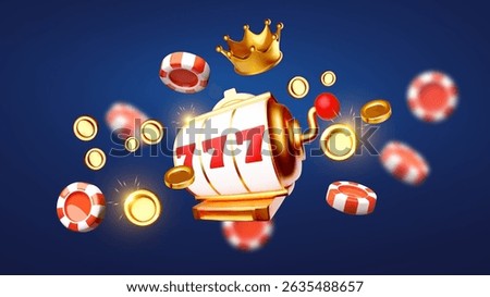 Gambling design. Slot machine. pocker chips, crown and money, golden coins. Casino advertising template. Mobile game.