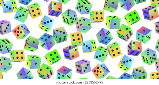 Gambling dice. Seamless pattern of polyhedral game cubes in gradient color with black dots on white. To play in casino, roll dice from one to six points with random numbers. Good luck concept. Vector