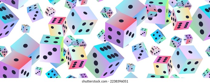 Gambling dice. Seamless pattern of polyhedral game cubes in gradient color with black dots on white. To play in casino, roll dice from one to six points with random numbers. Good luck concept. Vector