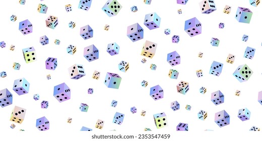 Gambling dice. Seamless pattern of polyhedral game cubes in gradient color with black dots on white. To play in casino, roll dice from one to six points with random numbers. Good luck concept. Vector