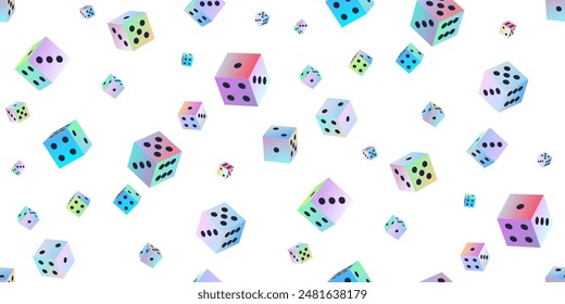 Gambling dice. Seamless pattern of polyhedral game cubes in gradient color with black dots on white. To play in casino, roll dice from one to six points with random numbers. Good luck concept. Vector