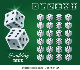 Gambling dice set on green background. White cubes with black pips on Casino game back, vector illustration