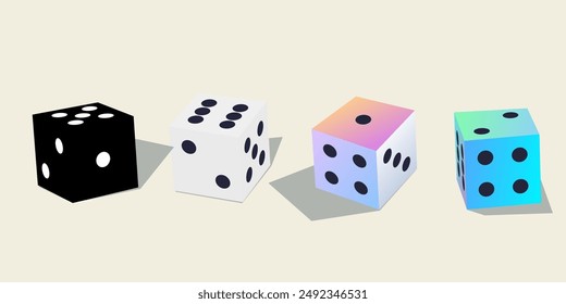 Juego de dados. Conjunto de cubos de juego poliédricos blanco, negro, colorido en vista isométrica. Para jugar en el casino, tirar dados de uno a seis puntos con números aleatorios. Concepto de buena suerte. Ilustración vectorial