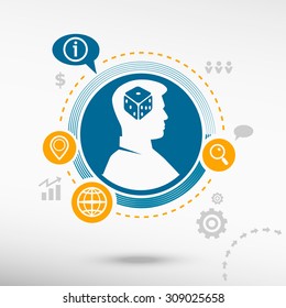 Gambling dice vector icon  and male avatar profile picture. Flat design vector illustration concept for reaching goals. 