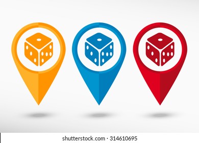 Gambling dice vector icon  map pointer, vector illustration. Flat design style