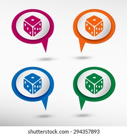 Gambling dice vector icon on colorful chat speech bubbles