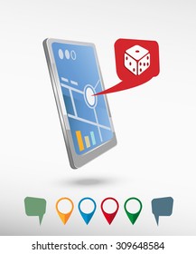 Gambling dice vector icon  and perspective smartphone vector realistic. Set of bright map pointers for printing, website, presentation element and application mockup.