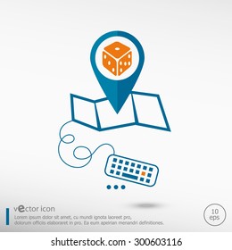 Gambling dice vector icon and pin on the map. Line icons for application development, creative process. 