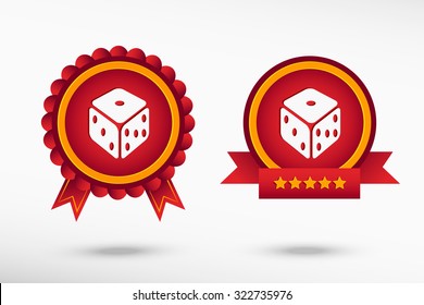 Gambling dice vector icon  stylish quality guarantee badges. Colorful Promotional Labels