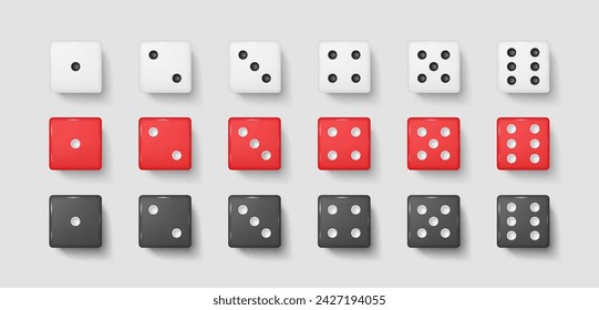 Gambling dices with dot numbers realistic vector illustration set. White red and black gaming cubes 3d models on white background. Risky playing