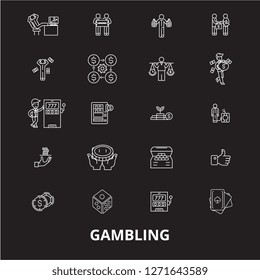 Gambling editable line icons vector set on black background. Gambling white outline illustrations, signs, symbols