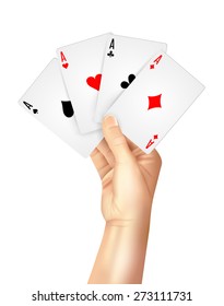 Gambling entertainment business decorative poster print with high hand holding four playing cards aces abstract vector illustration