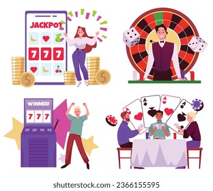 Gambling entertainment cartoon vector set. Slot machine jackpot win. Lucky people win money coins with all sevens spin combination. Men play poker, elegant croupier. Addiction isolated illustration