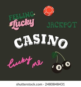 Gambling and entertainment in casino establishments on black background. Vector set of games for winning money. Casino and lucky inscription, jackpot, lucky horseshoe and dice. Money is the motive 