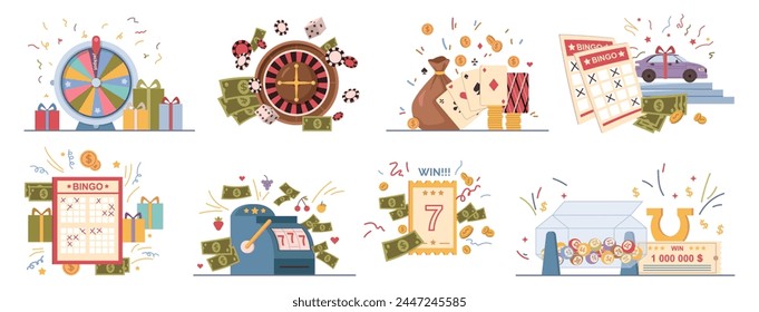 Gambling and entertainment in casino establishments. Vector set of games for winning money. Fortune wheel and roulette, poker and bingo, lottery and spinning slots for jackpot victory prize