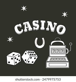 Gambling and entertainment in casino establishments. Vector set of games for winning money. Casino slot machine with jackpot and seven number, playing cards, lucky horseshoe and dice