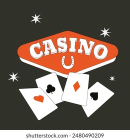 Juegos de azar y entretenimiento en los establecimientos de casino. Vector conjunto de juegos para ganar dinero. Inscripción de casino con herradura de la suerte y cartas de juego