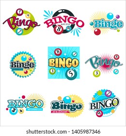 Gambling equipment balls with numbers bingo game isolated icons vector playing and winning money guessing and luck entertaining event emblem or logo with lettering digits combination and lucky ticket