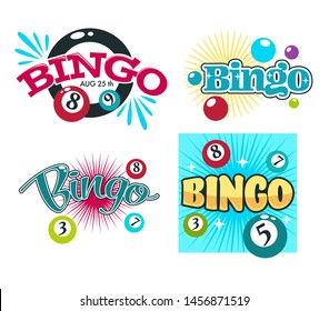 Gambling equipment balls with numbers bingo game isolated icons vector playing and winning money guessing and luck, entertaining event emblem or logo with lettering digits combination and lucky ticket