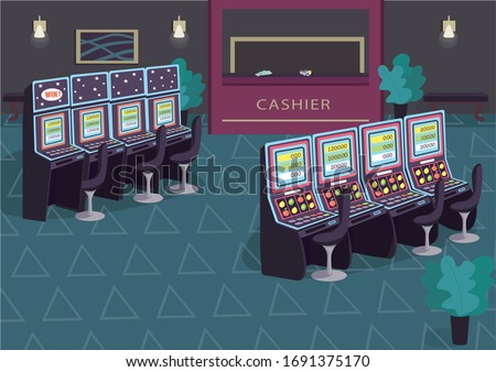 Gambling flat color vector illustration. Slot and fruit machines row. Green table to play poker. Blackjack game desk. Casino room 2D cartoon interior with cashier counter on background