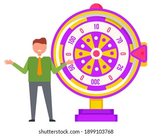 Gambling, Fortune Wheel And Boy, Luck And Chance Vector. Wealth And Profit, Casino Game And Guy In Tie, Color Roulette, Prize And Award, Isolated Object