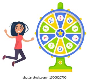 Gambling, fortune wheel and casino, lucky girl. Score and win, easy earning, profit or jackpot, stake or bet, luck and risk, lottery money game. Vector illustration in flat cartoon style