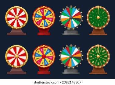 Gambling or fortune wheel with slots, colors and money prize sum. Vector realistic roulettes in motion with blurry effect. Casino games and entertainment, lottery or awards winning