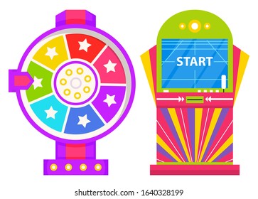 Gambling fortune wheel vector, isolated game machine with screen saying start. Casino online, flat style devices with reward and spirit of competition. Playing on money and winning victorious tokens
