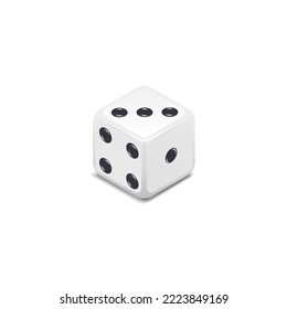 Gambling game dice. Realistic white play casino dice cube with black dots isolated on white background. Object to play in casino, dice from one to six dots. 3d isometric vector illustration