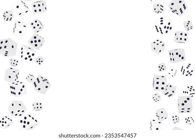 Gambling game dice. Seamless frame pattern of realistic isometric white play dice cubes with black dot isolated on white. Object to play in casino, dice from one to six dots. 3d Vector illustration