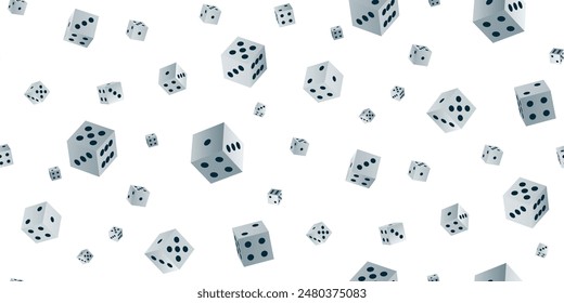 Gambling game dice. Seamless frame pattern of realistic isometric white play dice cubes with black dot isolated on white. Object to play in casino, dice from one to six dots. 3d Vector illustration