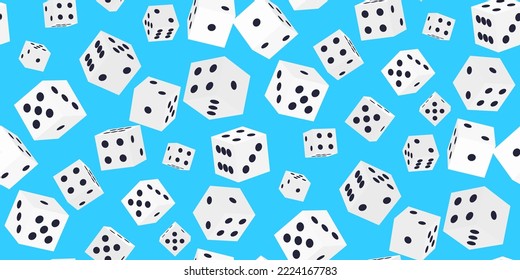 Gambling game dice. Seamless pattern of realistic isometric  white play dice cubes with black dot isolated on blue background. Object to play in casino, dice from one to six dots. Vector illustration