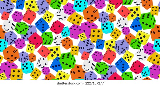 Los dados del juego. Patrón sin fisuras de los cubos de dados de color de juegos poliédricos con puntos negros sobre blanco. Objeto para jugar en casino, dados de uno a seis puntos con números al azar. Concepto de fortuna. Vector