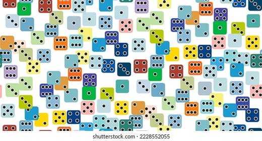 Gambling game dice. Seamless pattern of flat gaming poker cubes with black dots on color . Object to play in casino, dice from one to six dots with random numbers. Fortune concept. Vector