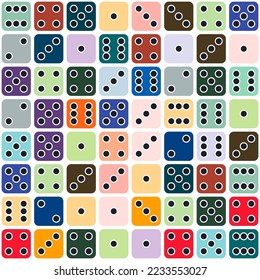 Gambling game dice. Seamless pattern of flat gaming poker cubes with black dots on color . Object to play in casino, dice from one to six dots with random numbers. Fortune concept. Vector