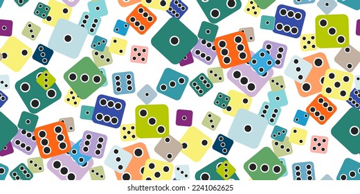 Gambling game dice. Seamless pattern of flat gaming poker cubes with black dots on color . Object to play in casino, dice from one to six dots with random numbers. Fortune concept. Vector illustration