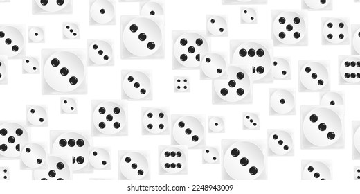Gambling game dice. Seamless pattern of realistic white play dice cubes with black dot isolated on white. Objects to play in casino, dice from one to six dots. View from above. Vector illustration