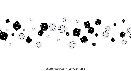 Gambling game dice. Seamless pattern of rpolyhedral game cubes white black color. To play in casino, roll dice from one to six points with random numbers. Good luck concept. Vector illustration