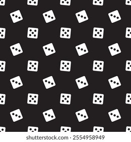 Gambling game dice, texture. Seamless pattern of white play dice cubes with dots on black background. Object to play in casino, dice from one to six dots. Wallpaper template. flat vector illustration