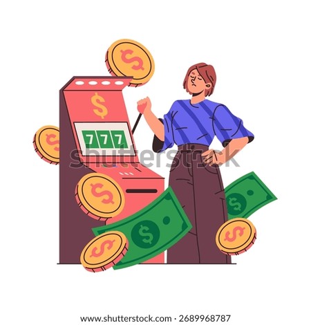 Gambling game for players and gamblers. Vector isolated woman with slot machine with triple seven numbers, cash dollar banknotes and gaming elements. Lucky 777 and taking risk, victory and success