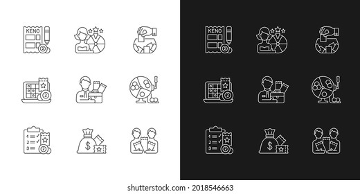 Gambling game types linear icons set for dark and light mode. Quiz show. Keno game. Raffle. Lottery agent. Customizable thin line symbols. Isolated vector outline illustrations. Editable stroke