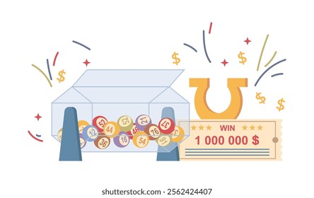 Gambling game for winning money. Vector isolated lottery drum with balls, jackpot ticket with million of dollars sum. Taking risk and victory. Plastic wheel with numbers on spheres rotating