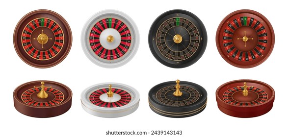 Gambling games, isolated set of icons of disk roulettes with numbers. Vector top and side view of wheel for winning money in casino. Gambler leisure and entertainment fun, trying luck and risk